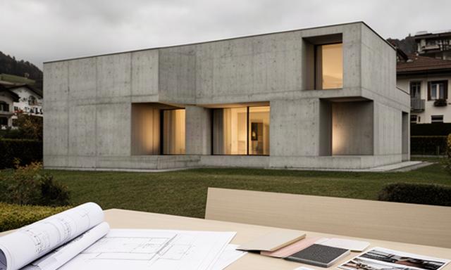 Modernes Wohnhaus aus Sichtbeton mit Plänen und Projektaufnahmen für ein Architekturmagazin