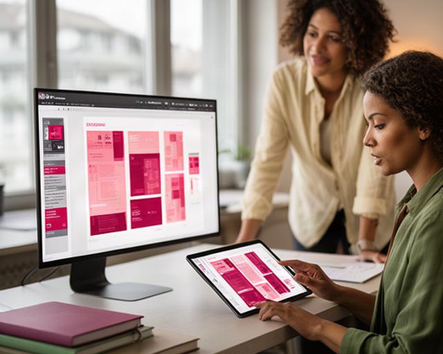 Redaktionsteam prüft ein digitales Magazin auf Tablet und Desktop in einem Zürcher Studio