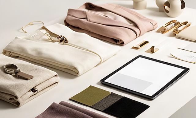 Elegante Modekollektion auf hellem Studiotisch mit Stoffproben und digitalen Lookbook-Seiten