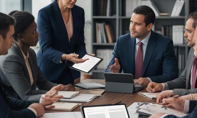 Juristische Redaktion mit digitalem Law-Journal an einem Besprechungstisch