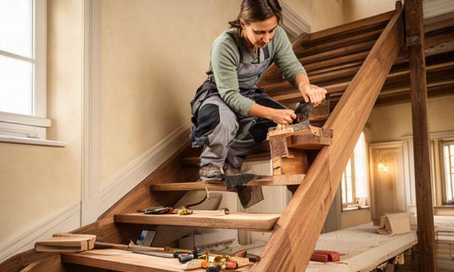Handwerkerin montiert eine präzise Holztreppe in einem renovierten Schweizer Altbau