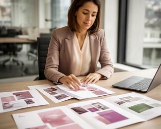 Strategin bei Limmat Edition GmbH im Zürcher Büro mit Magazinlayouts auf dem Tisch